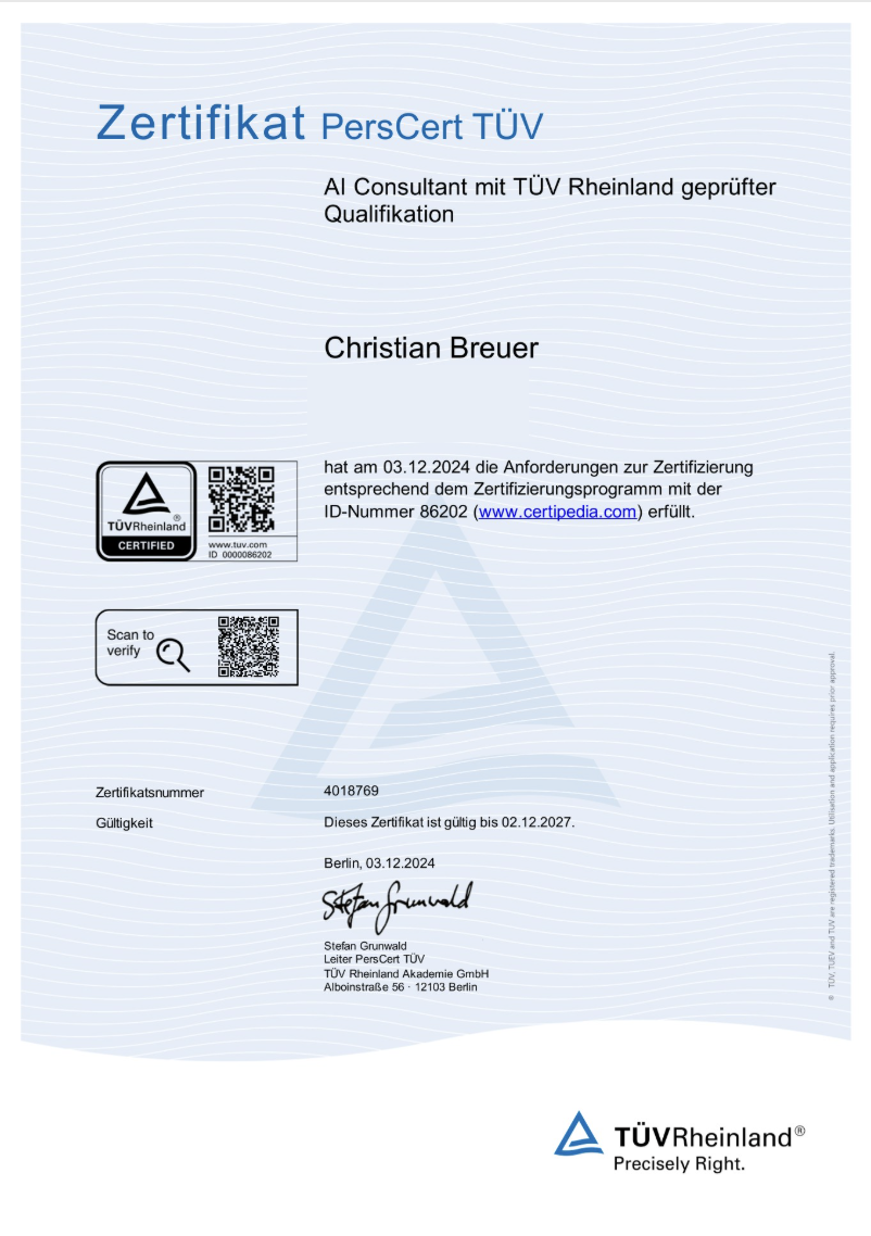 Zertifikat für Christian Breuer: AI Consultant mit TÜV Rheinland geprüfter Qualifikation
